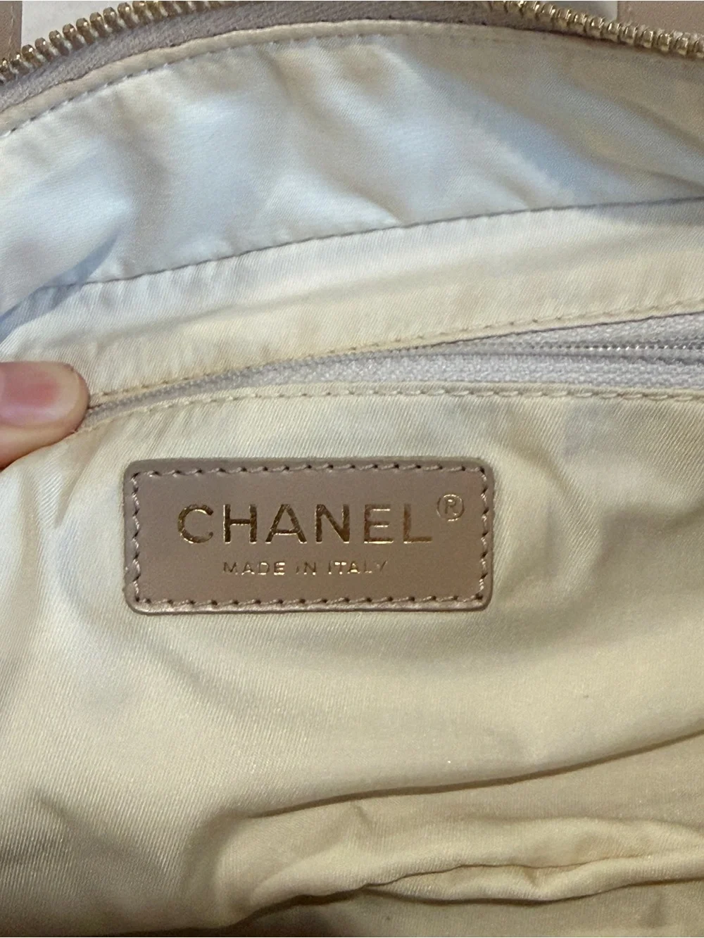 CHANEL Beige Logo Jacquard Satchel with Tan Leather Handles